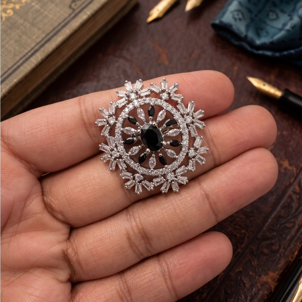 Elegant Silver-Tone Black Crystal Snowflake Brooch
